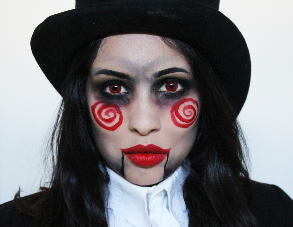 Saw doll puppet halloween makeup look